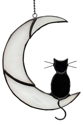 Productafbeelding van Kattenfiguur van glas voor in het raam, met de kat op de maan - Halloween decoratie