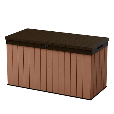 Produktbild von Keter Gartenbox "Darwin" 570L Braun - 143x65x78 cm - naturgetreue Holzoptik - Deckel bis 300 kg belastbar - mit Gasdruckfedern