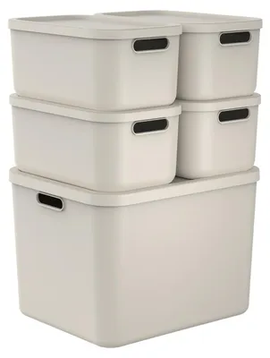 Produktbild von Rotho Aufbewahrungsboxen Set 5tlg. ALBULA light – Kunststoffbox mit Deckel – stapelbar & sicher – 48,9x40,7x71,4 cm – Plastikboxen für Aufbewahrung