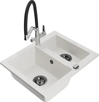 Produktbild von Mexen Carlos 1,5-Becken-Granitspüle mit Mischbatterie Duo, Weiß - 6518-20-671701-07-B