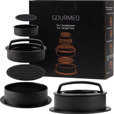 Produktbild von GOURMEO 3 in 1 Burgerpresse - Burger Patty Presse für kleine große gefüllte Patties - Hamburgerpresse inkl. 50 Blatt Antihaftpapier - Burger Paddy
