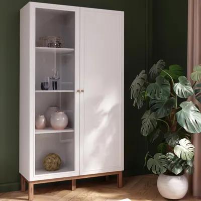 Produktbild von Forte PENKRIDGE Highboardvitrine 100, Landhaus Vitrine mit 2 Türen, Glas, Wohnzimmer, Esszimmer, Secret Grey mit Schlammeiche Holzdekor, 99,9 cm breit x 184,6 cm hoch x 41,7 cm tief