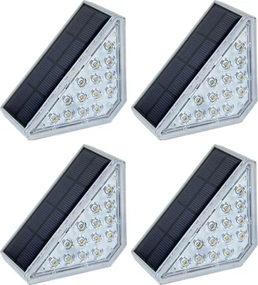 Four solar-powered LED lights arranged in a grid on a white background.