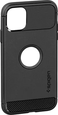 A black Spigen phone case is shown against a white background.