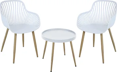 A white outdoor seating set consisting of two chairs and a small round table, all with light wood-colored legs, is displayed against a white background.
