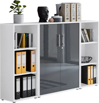 Produktbild von Aktenschrank TABOR 2 in weiß / anthrazit Hochglanz, Schrankwand, Büroschrank, abschließbar, Metallgriffe