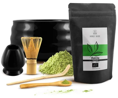 Produktbild von Mary Rose - Matcha Tee Set Premium 30g - Keramik Schale Matchawan Yoru 500ml - Schwarz Halter - Japanischer Grüntee Erste Ernte Mit Chasen