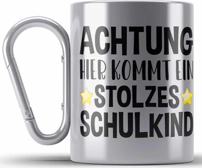 Produktbild von Trendation - Einschulung Junge Mädchen Geschenk Schultüte Füllung Edelstahl Tasse Karabiner Schulstart 1. Schultag Schuleinführung Schulanfang Geschenkidee 2023 Schulkind Lustig (Silber)