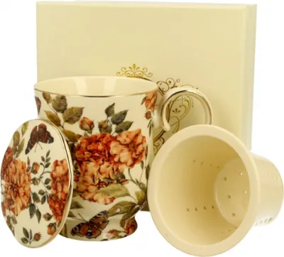 Produktbild von DUO ECRU Becher 450 ml HERBAL ROSES mit Teesieb, New Bone China Porzellan