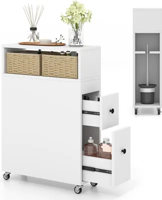 A white bathroom cabinet with drawers and baskets, displayed on a white background.