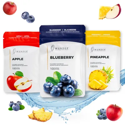 Produktbild von Wunder Zahnstocher mit Geschmack - 3er Pack Fruit Pack - 3x 100 Stück - Nachfüllbeutel - frischer Atem - Alternative zu Kaugummi - vegan