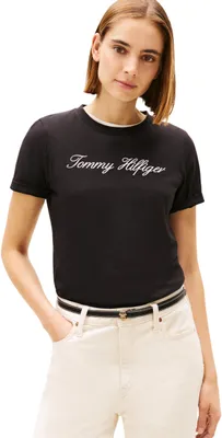 Produktbild von Tommy Hilfiger Damen T-Shirt Kurzarm Script Regular Rundhalsausschnitt, Schwarz (Nos Black), S