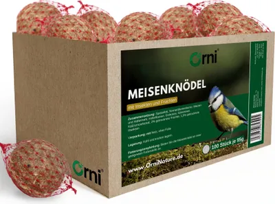 Produktbild von Orni 100 Stück Meisenknödel im Netz mit Insekten und Früchten| Energiereicher Ganzjahresknödel für Wildvögel