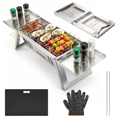 Immagine prodotto di Barbecue portatile a carbone - Mini griglia pieghevole - Peso: 2,05 kg - Struttura in acciaio inossidabile