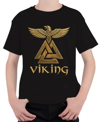 Produktbild von VIKING Valknut Rabe Odin Nordische Mythologie Krieger Walhalla Kinder T-Shirt, Schwarz, 116