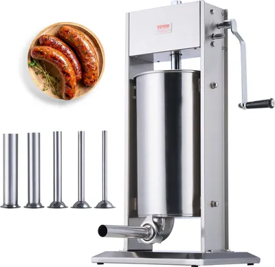 Obrázok produktu pre VEVOR ručná plnička klobás, vertikálny stroj na klobásy s objemom 15 l / 30 libier, plnička mäsa s dvoma rýchlosťami, vyrobená z potravinárskej nehrdzavejúcej ocele 304, vrátane 5 plniacich rúrok, pre domácnosť, kuchyňu, reštauráciu, komerčné použitie