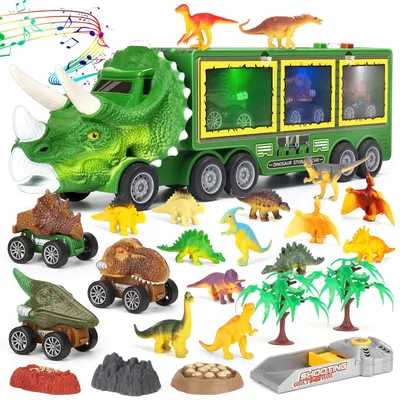 Produktbild von Transporter Spielzeug Autotransporter - 23 Teile - Mit Licht und Geräuschen - 3 Spielzeugautos und 12 Dinosaurier - Für Kinder ab 3 Jahren