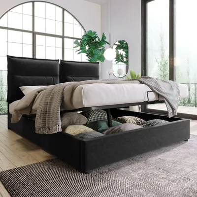 Produktbild von Odikalo Polsterbett Stauraumbett 140x200 Lattenrost Metallrahmen Schwarz ohne Matratze