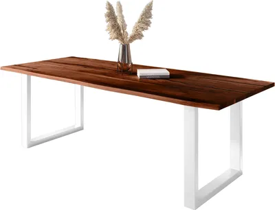 Produktbild von Baumkantentisch Akazie mit schwarzen Resin-Adern nussbaumfarben 300 x 100 cm U-Gestell weiß POLLY