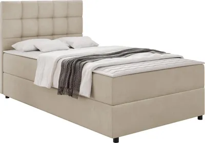 Produktbild von MIRJAN24 Boxspringbett mit Bettkästen Lind, Schlafzimmer Ehebett, Einzelbett mit Topper, Härtegrad H3 (Farbe: Manila 02, Füße: Schwarz, Größe: 120x200 cm)