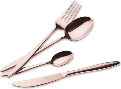 A set of rose gold cutlery, including a fork, a large spoon, a small spoon, and a knife, arranged on a white background.