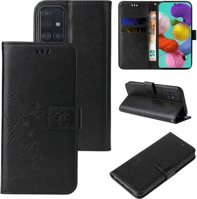 A collage of images showing a black flip phone case with floral and butterfly embossing, including views of the case open, closed, and standing up.