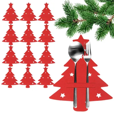 Produktbild von Bestecktaschen Filz Weihnachtsbaum 12 Stück Besteckhüllen Tischdeko Weihnachten Rot
