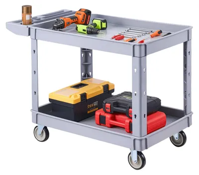Immagine prodotto di Carrello di servizio per officina - Carrello portattrezzi in PP - 2 ripiani - 4 ruote - Capacità di carico 250 kg - 114 x 61 x 84 cm - Con maniglia e vano portaoggetti - Grigio