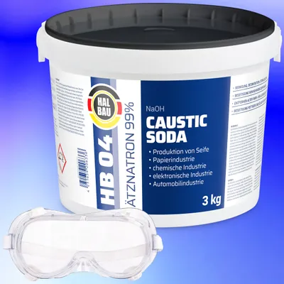 Produktbild von Rohrreiniger Ätzsoda Ölfarbentferner 3kg Eimer kaustisches Soda Natronlauge + Schutzbrille Arbeitskomfort Set HB04