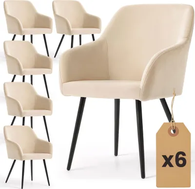 Produktbild von 6er Set Glatte Velours Esszimmerstühle ESTELLE Beige mit schwarzen Beinen