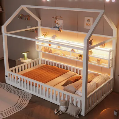 Obrázek produktu pro MODFU Dětská postel 90x200, domečková postel s LED osvětlením, mládežnické lůžko s kovovým rámem a zábradlím, bez matrace, bílá
