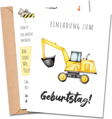Produktbild von MeinBaby123® 10 Einladungskarten Kindergeburtstag inkl. Umschläge | Bagger