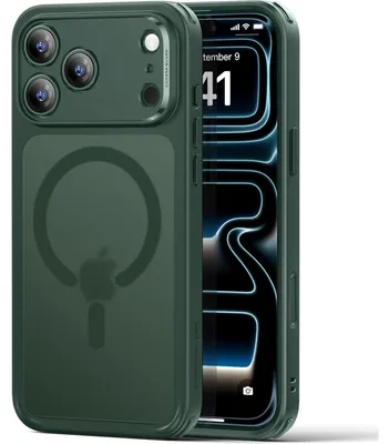Productafbeelding van iPhone 17 Pro hoesje met camera-bediening, compatibel met MagSafe, militaire bescherming, matgroen