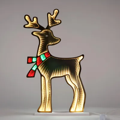 A lit-up reindeer decoration with a scarf.