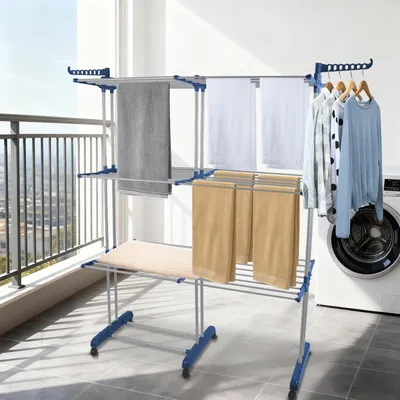 Produktbild von 4 Ebenen Wäscheständer Turm Ausziehbar Länge 75-132cm,Platzsparender Turmwäscheständer mit Rollen,Standtrockner Wäscheturm Groß,für Innen & Außen