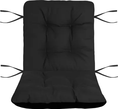 A black outdoor chair cushion with ties.