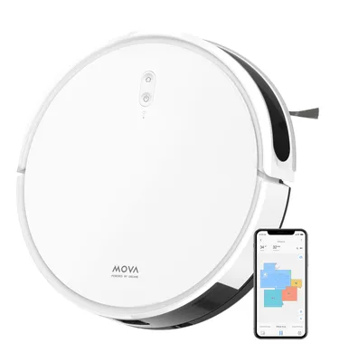 A white robot vacuum cleaner is shown next to a smartphone displaying a cleaning map.
