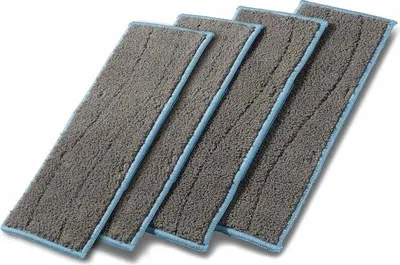 Four grey mop pads with blue trim are arranged diagonally on a white background.