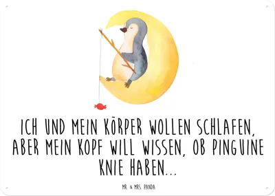 Produktbild von Mr. & Mrs. Panda tafel Pinguin Mond DIN A3 - Weiß - Geschenk, schlafen, Spruch, Schild, Retro Blechschild, Wandbild, Schlafzimmer, Neugierig, Blechtafel, Süßigkeiten
