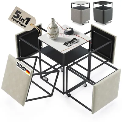 Produktbild von Heimtrend 4 Hocker mit Beistelltisch - Jetzt Platz Sparen! [5 in 1 Cube Grau/Weiß] Couchtisch, Wohnzimmertisch, Sitzhocker