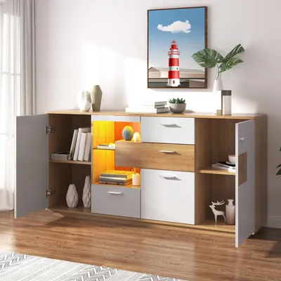 Produktbild von MODFU Sideboard -Schrank mit viel Stauraum, mit LED-Beleuchtung, (160 B x 40 T x 77 H(cm) Natur+Weiß), Wohnzimmermöbel, Mehrzweckschrank