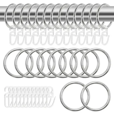 Image de 50 anneaux de rideaux en métal et 50 crochets de rideaux en plastique pour fenêtres, portes, rideaux de douche et tringles à rideaux (diamètre intérieur de 30 mm, couleur argent)