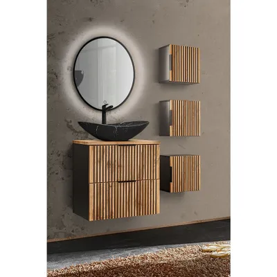 Produktbild von Badmöbel Set mit Hängeschränken schwarz gerillt XANTEN-56 in anthrazit mit Eiche Nb., B/H/T: 112/200/46,5 cm