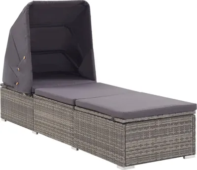 Produktbild von Sonnenliege mit Sonnenschutz und Auflagen Poly Rattan Grau