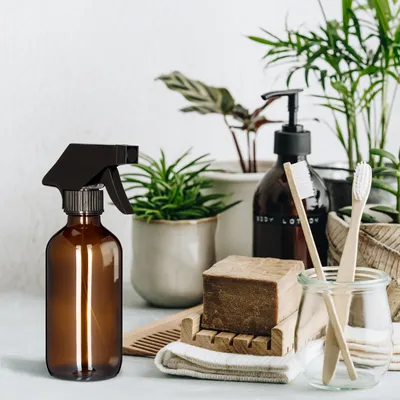 Produktbild von Relaxdays Sprühflasche Glas, 2er Set, 230 ml, Nebel & Strahl, Spritzflasche für Haarpflege, Reinigung & Pflanzen, braun