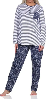 Produktbild von Normann Damen Schlafanzug Pyjama lang, Oberteil gestreift, Hose Blümchenmuster - 122 881 ; weiss , 36
