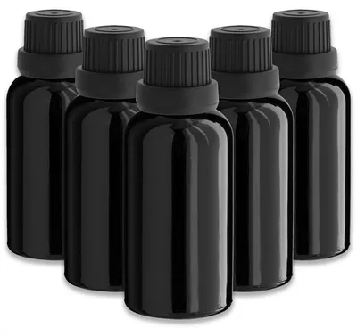 Produktbild von 5x Schwarze Glasflasche 30 ml mit schwarzem Tropfer leere Tropfflasche
