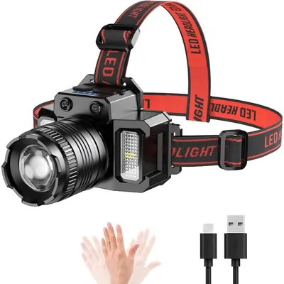 Immagine prodotto di Lampada frontale LED ricaricabile - Lampada da testa con sensore di movimento, 5 modalità, luce rossa/bianca/blu, impermeabile, ideale per campeggio, corsa, escursioni e pesca