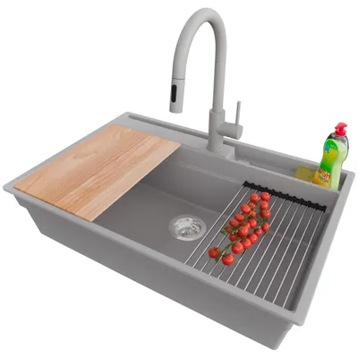Produktbild von PRIMAGRAN Granitspüle Grau 78x53cm, Spülbecken 1 Becken + Küchenarmatur 40x20cm + Ablauf-Set + Küchenzubehörset, Küchenspüle ab 80er Unterschrank - Oslo Pocket