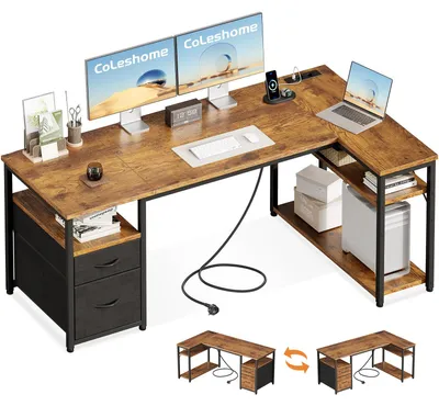 Eck-Schreibtisch L-Form 160x80 cm mit Schubladen, Braun